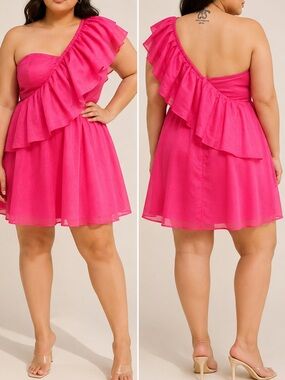 Anthropologie If By Sea One Shoulder Ruffle Hot Pink Sash Party Mini Dress